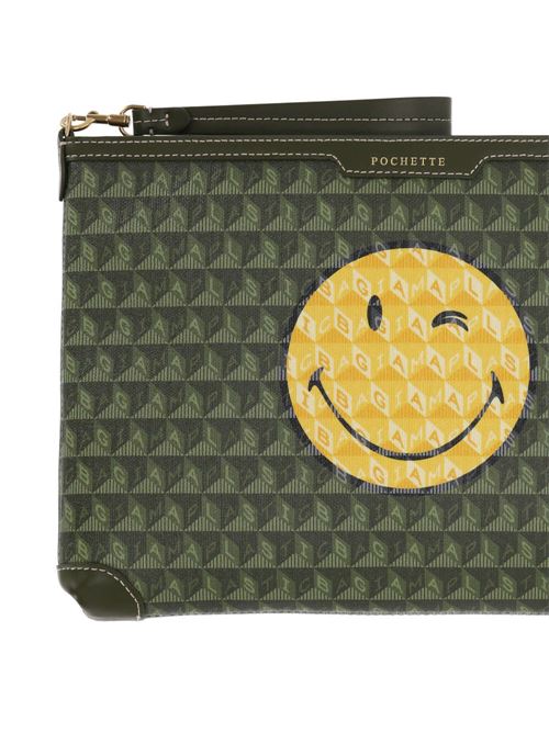 olive green/fern green canvas coated finish geometric-pattern print SmileyWorld®-print logo stamp Anya Hindmarch | 187572FERN/OLIVE